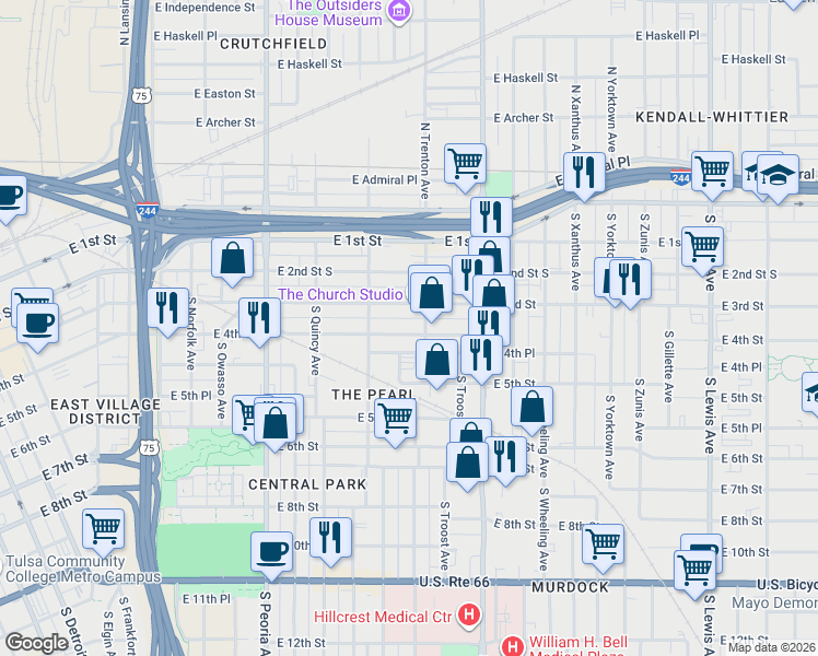 map of restaurants, bars, coffee shops, grocery stores, and more near 1537 East 4th Street in Tulsa