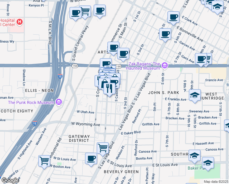 map of restaurants, bars, coffee shops, grocery stores, and more near 1321 South Main Street in Las Vegas