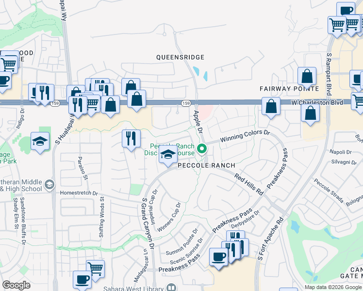 map of restaurants, bars, coffee shops, grocery stores, and more near 9541 Rancho Palmas Drive in Las Vegas
