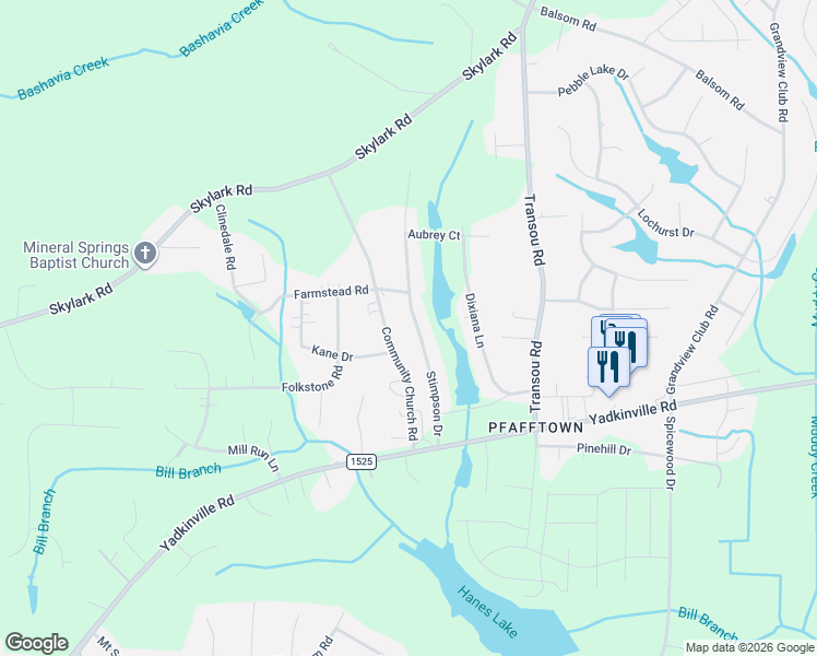 map of restaurants, bars, coffee shops, grocery stores, and more near 3470 Stimpson Drive in Pfafftown
