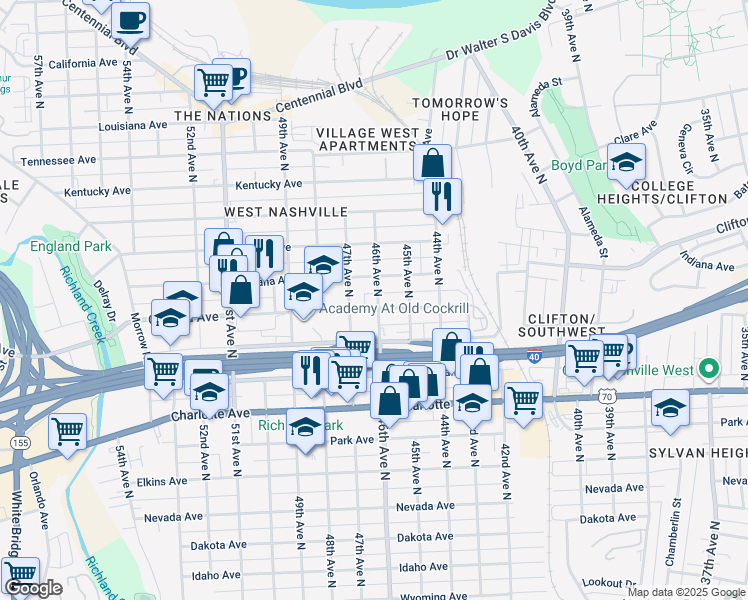 map of restaurants, bars, coffee shops, grocery stores, and more near 4600 Georgia Avenue in Nashville