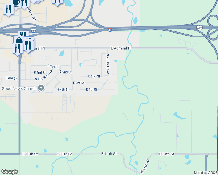 map of restaurants, bars, coffee shops, grocery stores, and more near 20533 East 4th Street in Tulsa