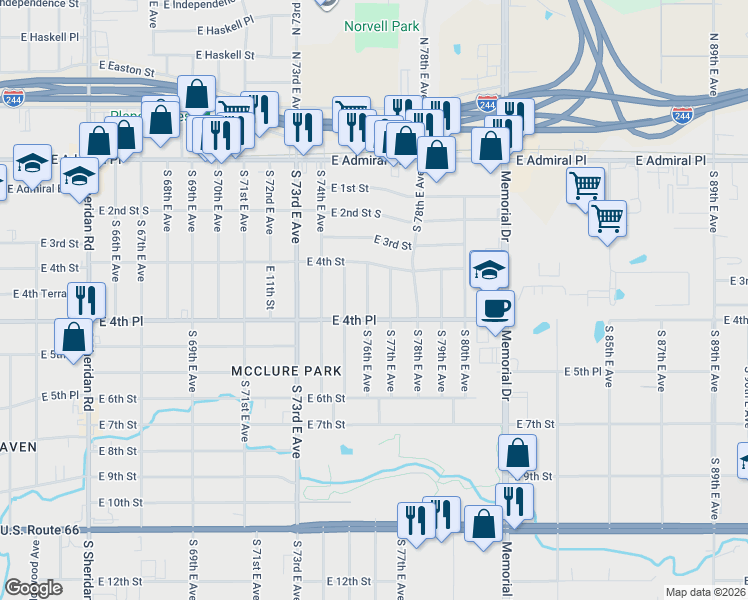 map of restaurants, bars, coffee shops, grocery stores, and more near 426 South 77th East Avenue in Tulsa