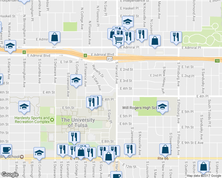 map of restaurants, bars, coffee shops, grocery stores, and more near 3238 East 3rd Street in Tulsa