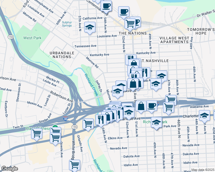 map of restaurants, bars, coffee shops, grocery stores, and more near 5319 Indiana Avenue in Nashville