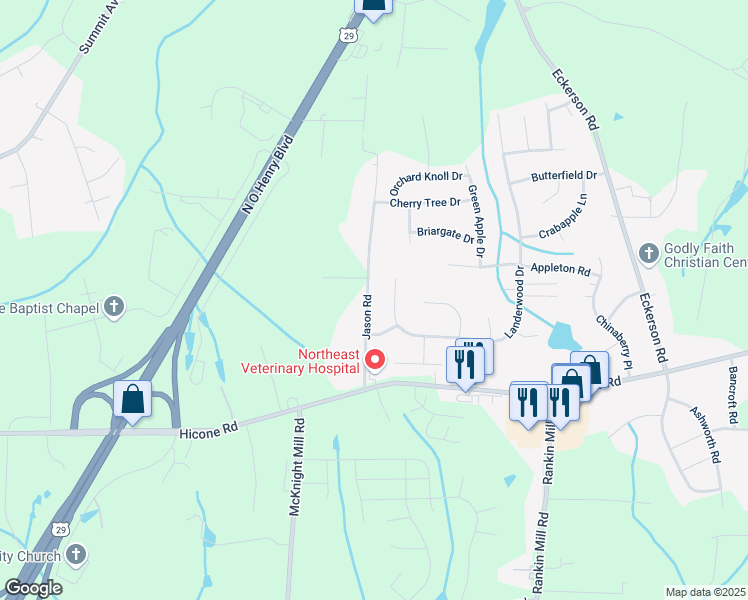 map of restaurants, bars, coffee shops, grocery stores, and more near 5518 Jason Road in Greensboro