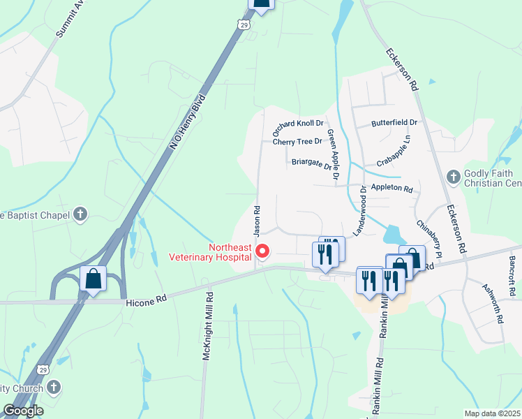 map of restaurants, bars, coffee shops, grocery stores, and more near 5518 Jason Road in Greensboro