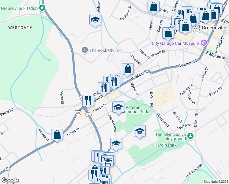 map of restaurants, bars, coffee shops, grocery stores, and more near 915 West Main Street in Greeneville