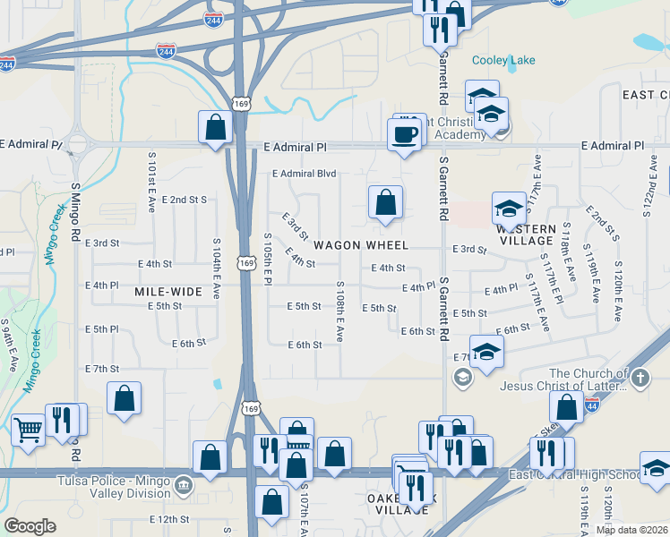 map of restaurants, bars, coffee shops, grocery stores, and more near 403 South 108th East Avenue in Tulsa