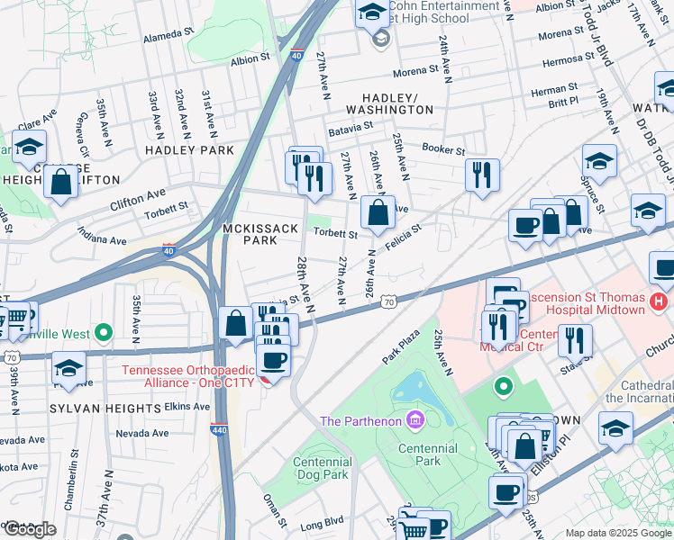 map of restaurants, bars, coffee shops, grocery stores, and more near 512 27th Avenue North in Nashville