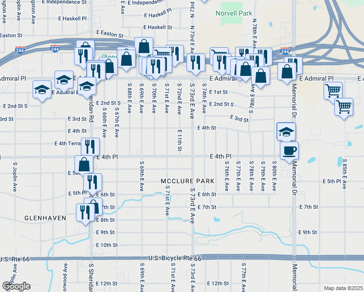 map of restaurants, bars, coffee shops, grocery stores, and more near 437 South 72nd East Avenue in Tulsa