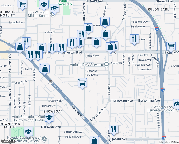 map of restaurants, bars, coffee shops, grocery stores, and more near 2840 Cedar Street in Las Vegas