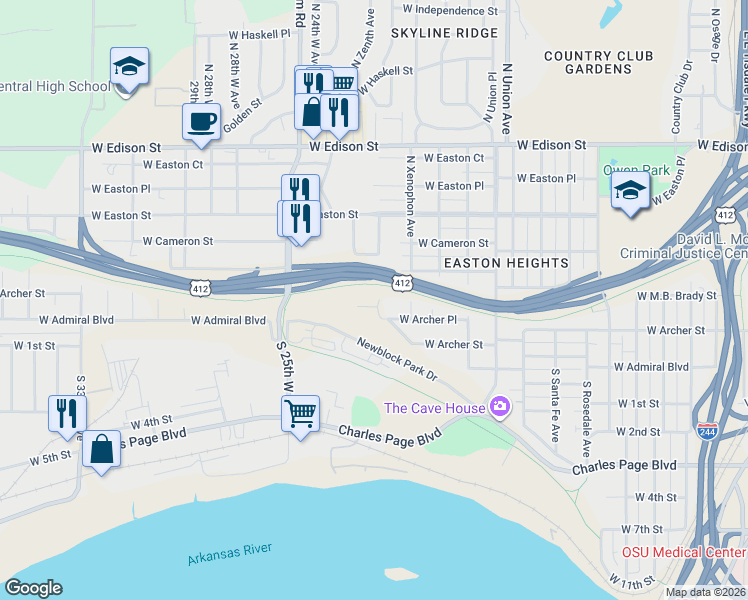 map of restaurants, bars, coffee shops, grocery stores, and more near 2103 West Archer Place in Tulsa