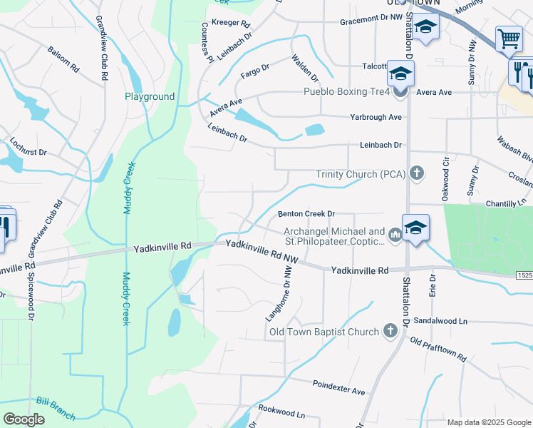 map of restaurants, bars, coffee shops, grocery stores, and more near 4137 Benton Creek Drive in Winston-Salem