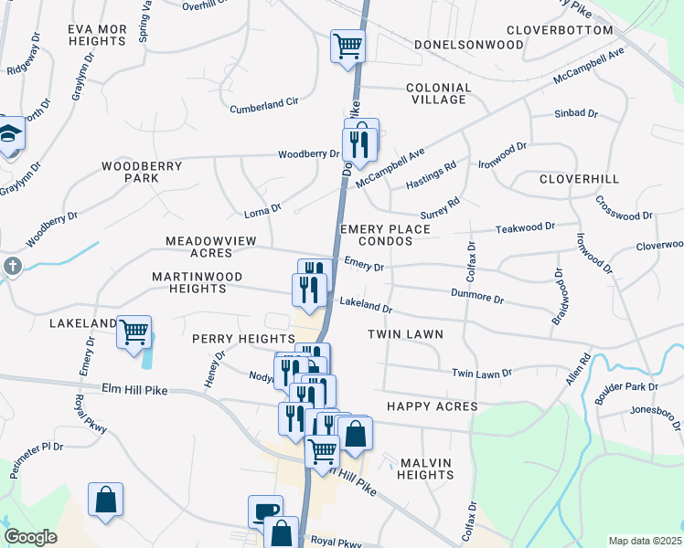 map of restaurants, bars, coffee shops, grocery stores, and more near 2807 Emery Drive in Nashville