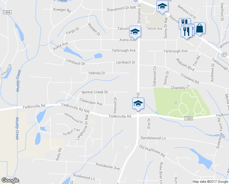 map of restaurants, bars, coffee shops, grocery stores, and more near 4063 Benton Creek Drive in Winston-Salem