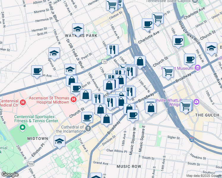 map of restaurants, bars, coffee shops, grocery stores, and more near 205 17th Avenue North in Nashville