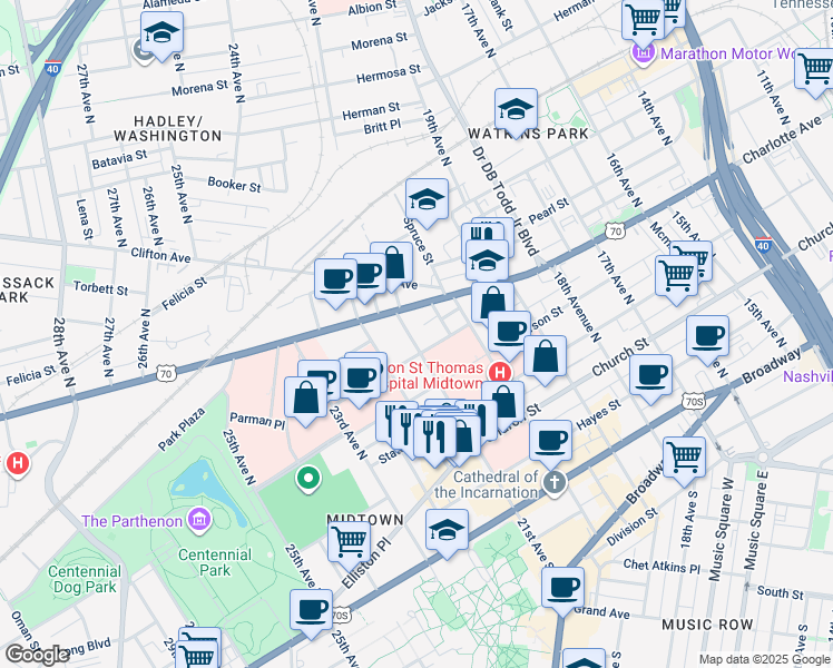 map of restaurants, bars, coffee shops, grocery stores, and more near 336 21st Avenue North in Nashville