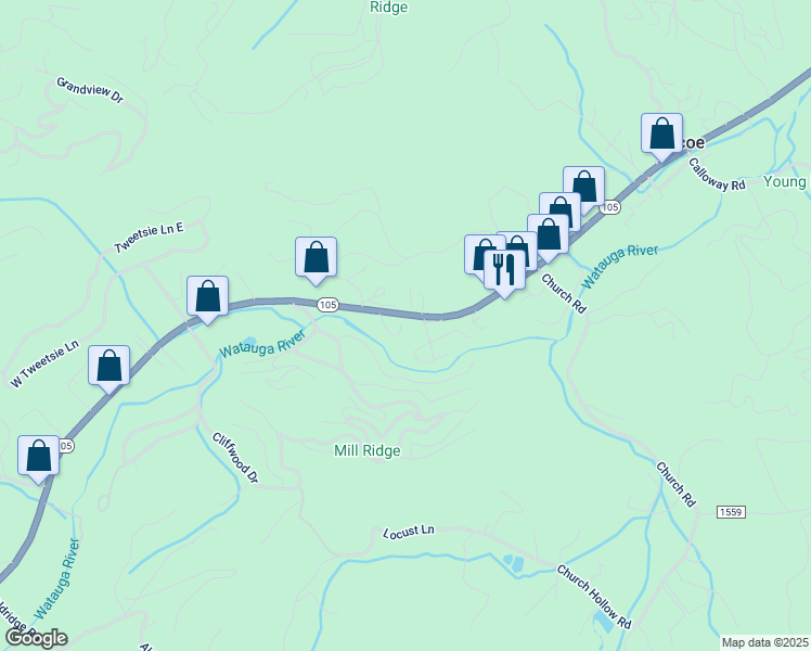map of restaurants, bars, coffee shops, grocery stores, and more near 198 The Overlook Road in Banner Elk