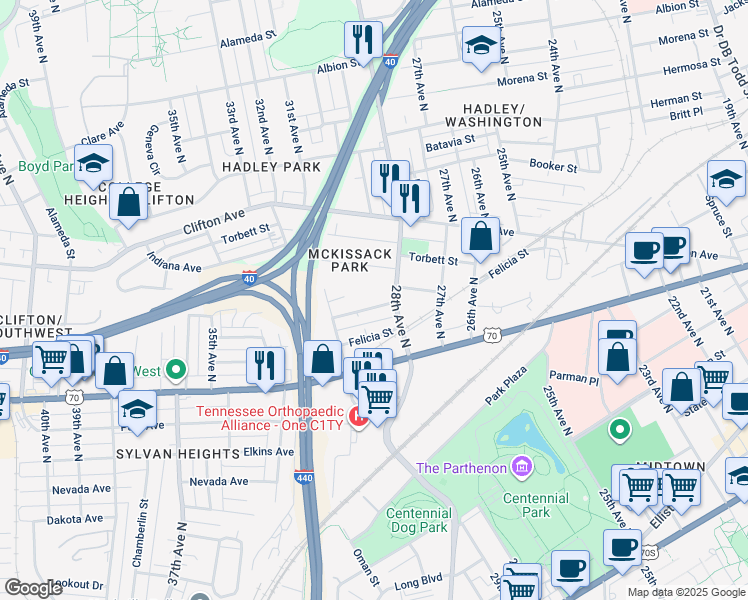 map of restaurants, bars, coffee shops, grocery stores, and more near 2808 Delaware Avenue in Nashville