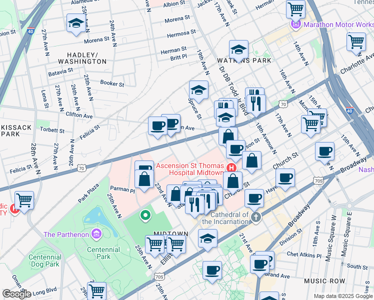 map of restaurants, bars, coffee shops, grocery stores, and more near 336 21st Avenue North in Nashville