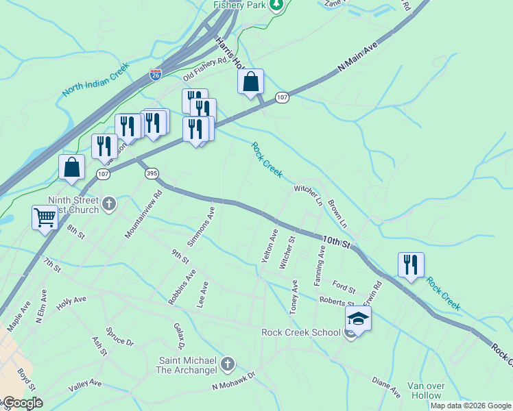 map of restaurants, bars, coffee shops, grocery stores, and more near 529 Rock Creek Rd in Erwin
