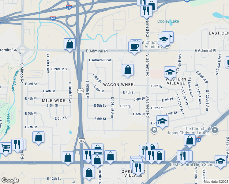 map of restaurants, bars, coffee shops, grocery stores, and more near 403 S 108th E Ave in Tulsa