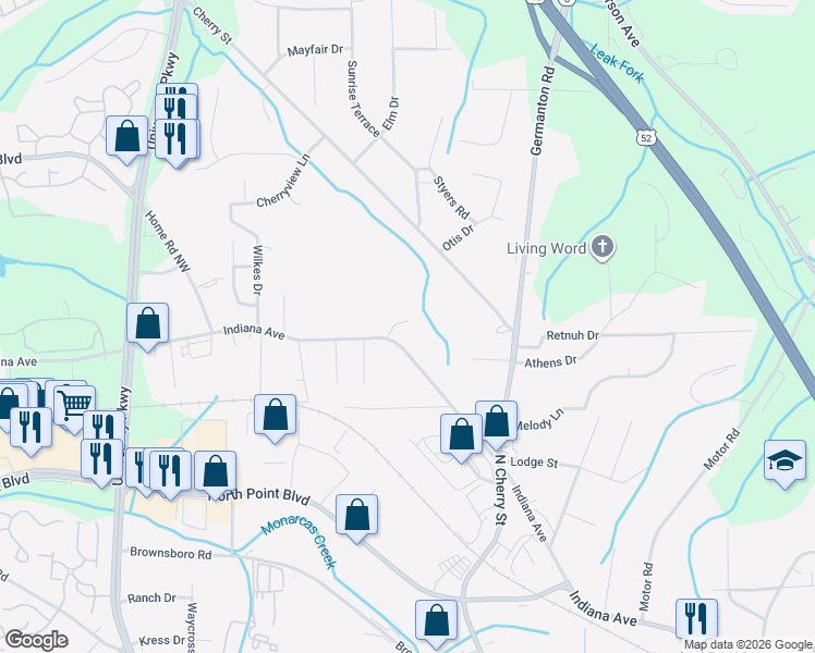 map of restaurants, bars, coffee shops, grocery stores, and more near 4664 Superior Drive Northwest in Winston-Salem