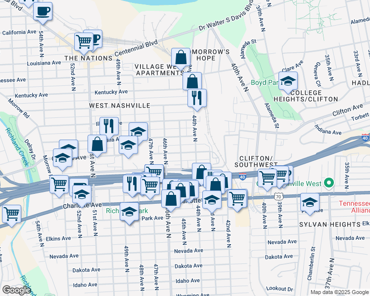 map of restaurants, bars, coffee shops, grocery stores, and more near 702 45th Avenue North in Nashville