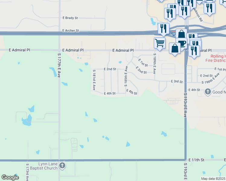 map of restaurants, bars, coffee shops, grocery stores, and more near 269 South 183rd East Avenue in Tulsa
