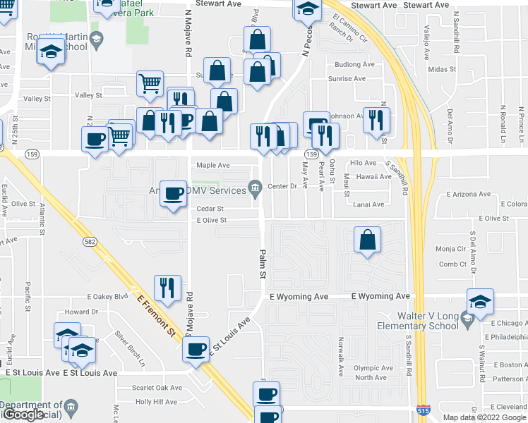 map of restaurants, bars, coffee shops, grocery stores, and more near 1146 Palm Street in Las Vegas