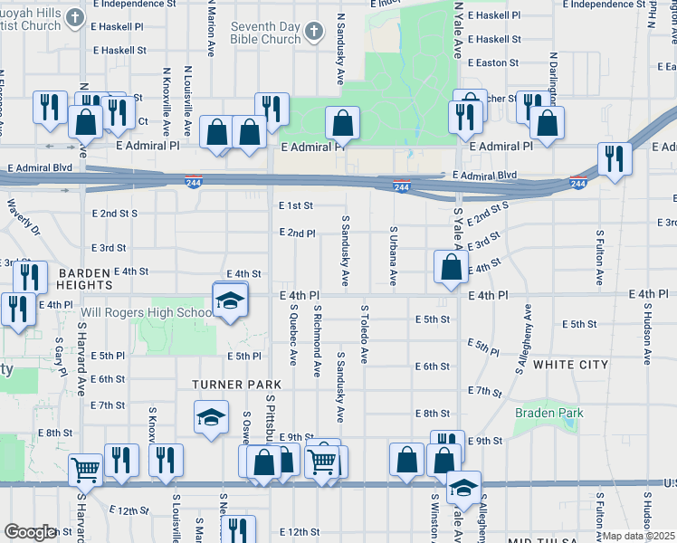 map of restaurants, bars, coffee shops, grocery stores, and more near 242 South Sandusky Avenue in Tulsa