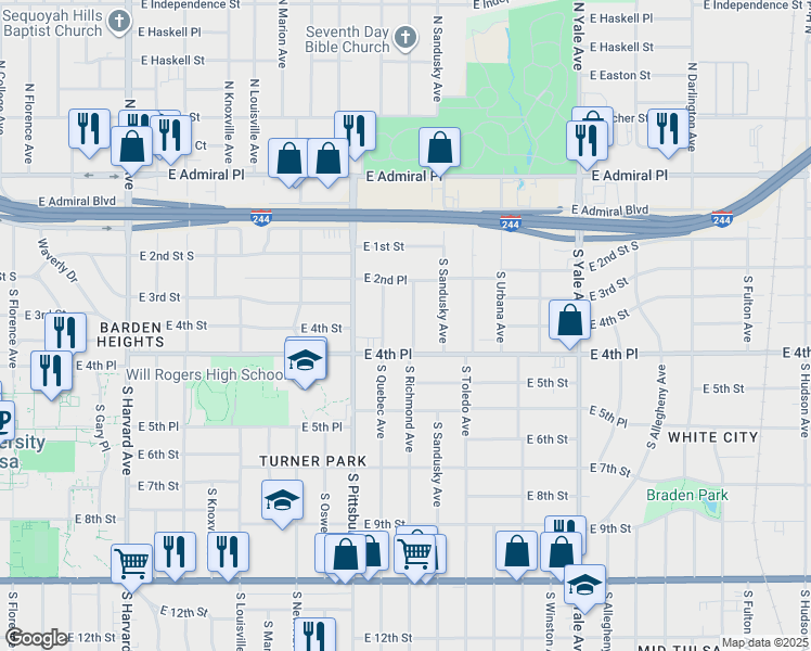 map of restaurants, bars, coffee shops, grocery stores, and more near 242 S Richmond Ave in Tulsa