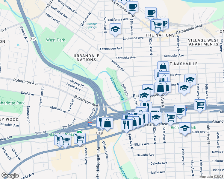 map of restaurants, bars, coffee shops, grocery stores, and more near 710 Hite Street in Nashville