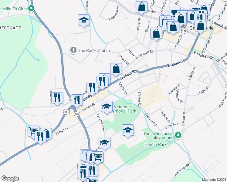 map of restaurants, bars, coffee shops, grocery stores, and more near 814 Carson Street in Greeneville