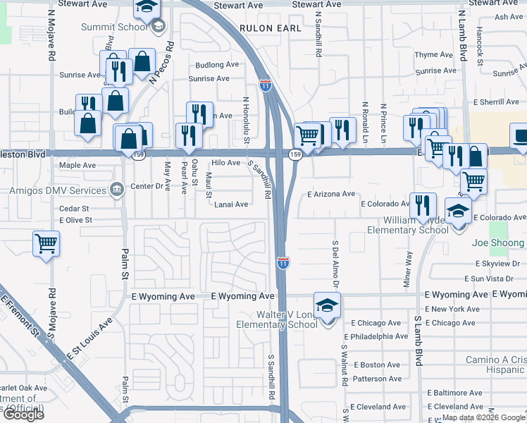 map of restaurants, bars, coffee shops, grocery stores, and more near 1411 South Sandhill Road in Las Vegas