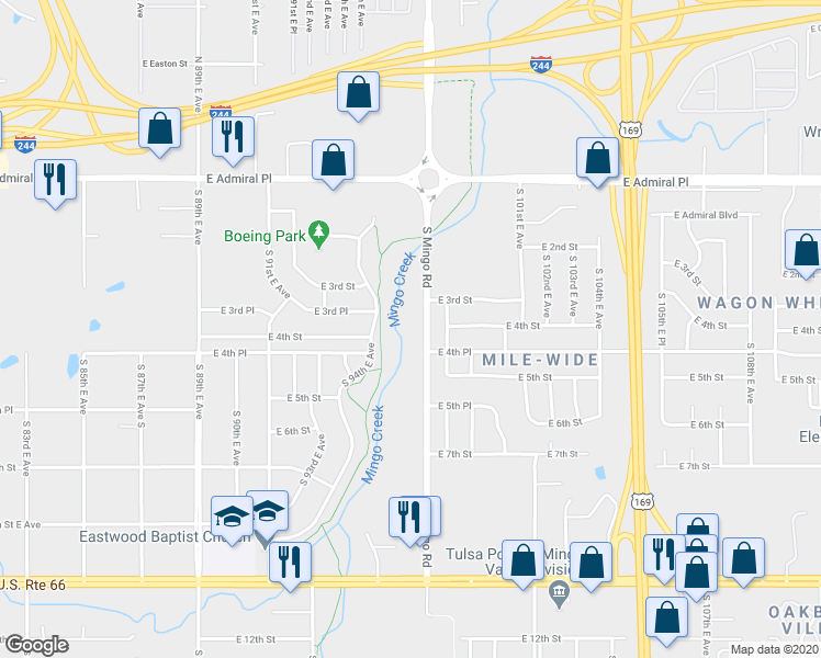 map of restaurants, bars, coffee shops, grocery stores, and more near 420 South Mingo Road in Tulsa