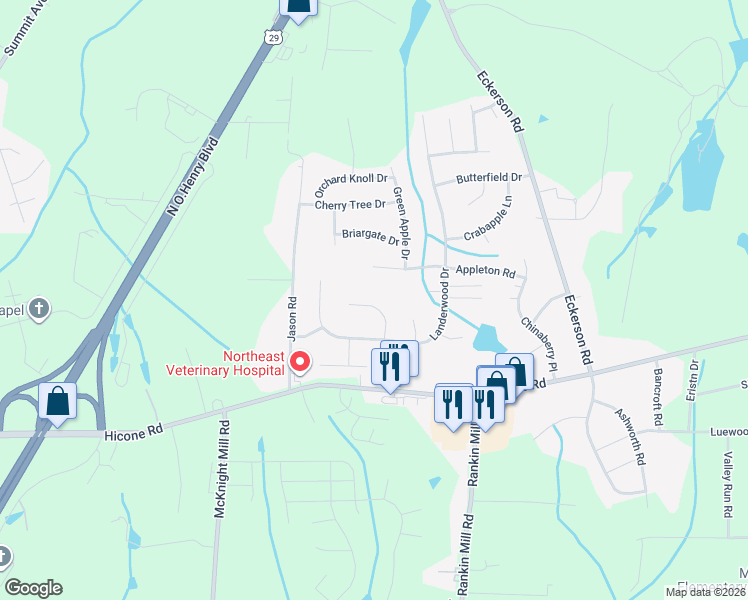 map of restaurants, bars, coffee shops, grocery stores, and more near 5515 Grapevine Court in Greensboro