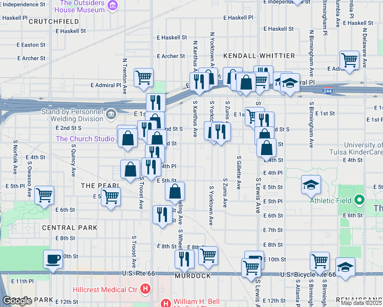map of restaurants, bars, coffee shops, grocery stores, and more near 318 South Xanthus Avenue in Tulsa