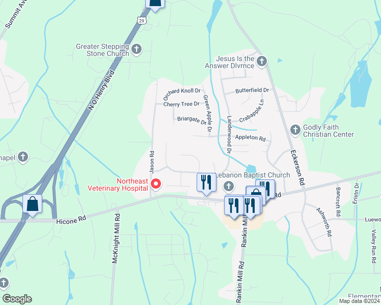 map of restaurants, bars, coffee shops, grocery stores, and more near 5509 Grapevine Court in Greensboro