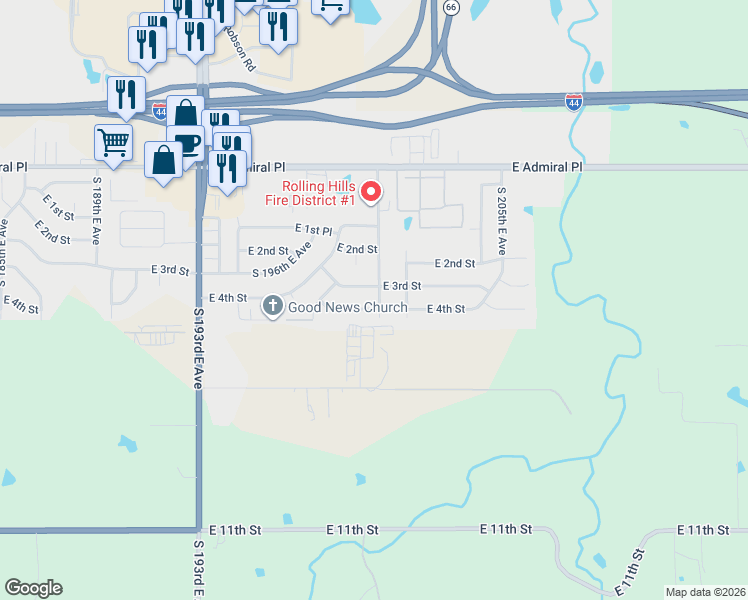 map of restaurants, bars, coffee shops, grocery stores, and more near 312 South 200th East Avenue in Tulsa