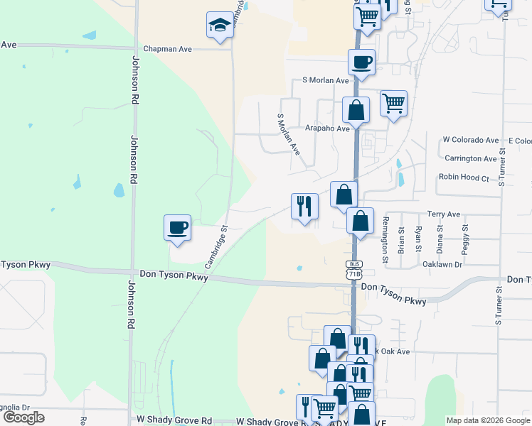 map of restaurants, bars, coffee shops, grocery stores, and more near 1675 Oxford Place in Springdale