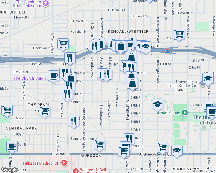map of restaurants, bars, coffee shops, grocery stores, and more near 320 South Zunis Avenue in Tulsa