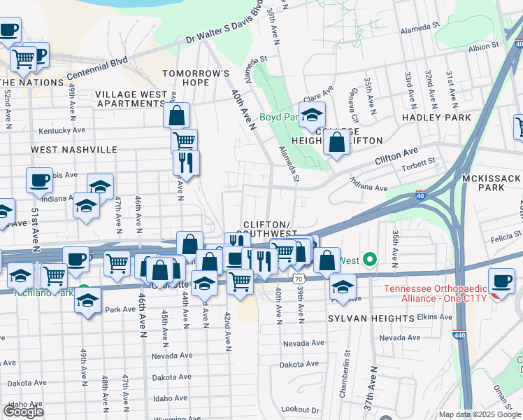 map of restaurants, bars, coffee shops, grocery stores, and more near 613 40th Avenue North in Nashville