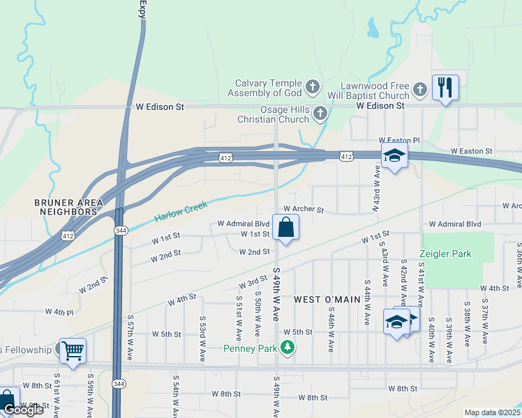 map of restaurants, bars, coffee shops, grocery stores, and more near 17 North 50th West Avenue in Tulsa
