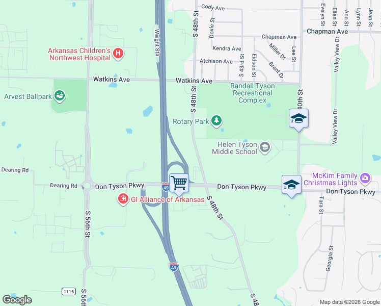 map of restaurants, bars, coffee shops, grocery stores, and more near 3320 South 48th Street in Springdale