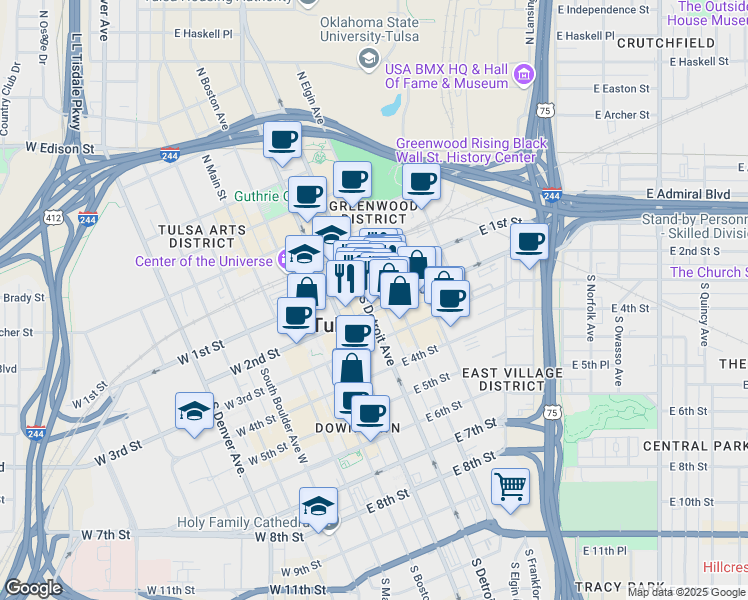 map of restaurants, bars, coffee shops, grocery stores, and more near 119 South Detroit Avenue in Tulsa