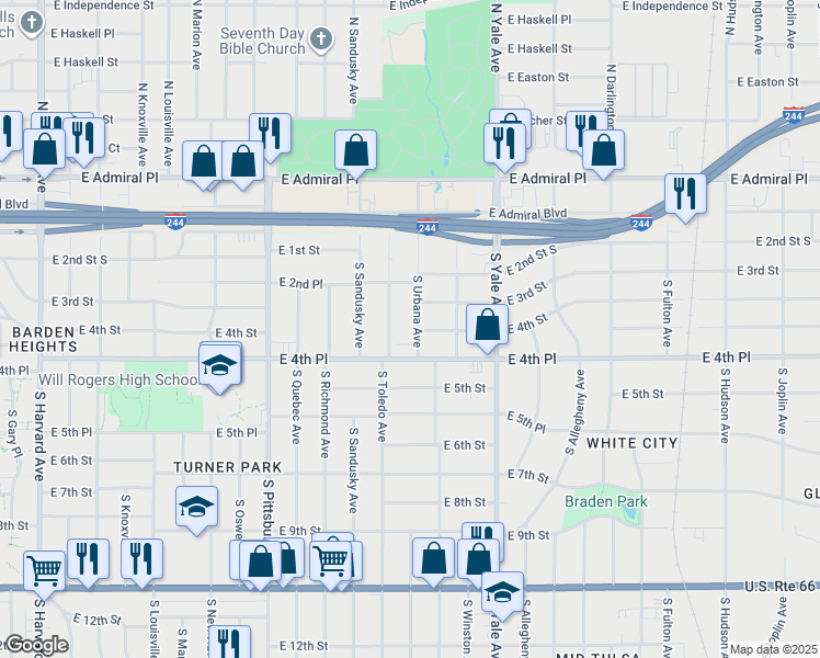 map of restaurants, bars, coffee shops, grocery stores, and more near 243 South Toledo Avenue in Tulsa