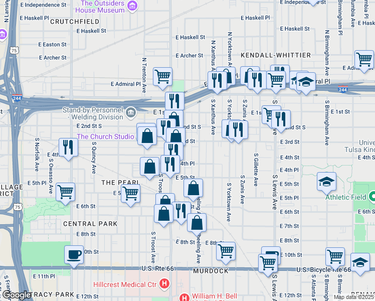 map of restaurants, bars, coffee shops, grocery stores, and more near 317 South Victor Avenue in Tulsa