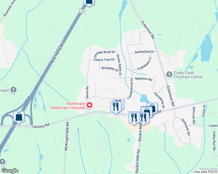 map of restaurants, bars, coffee shops, grocery stores, and more near 5509 Grapevine Court in Greensboro